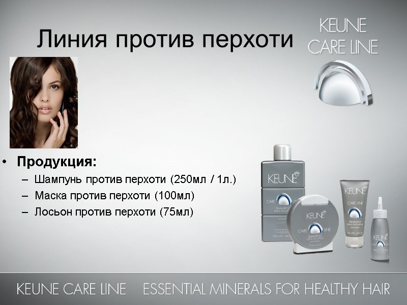 Продукция: Шампунь против перхоти (250мл / 1л.) Маска против перхоти (100мл) Лосьон против перхоти